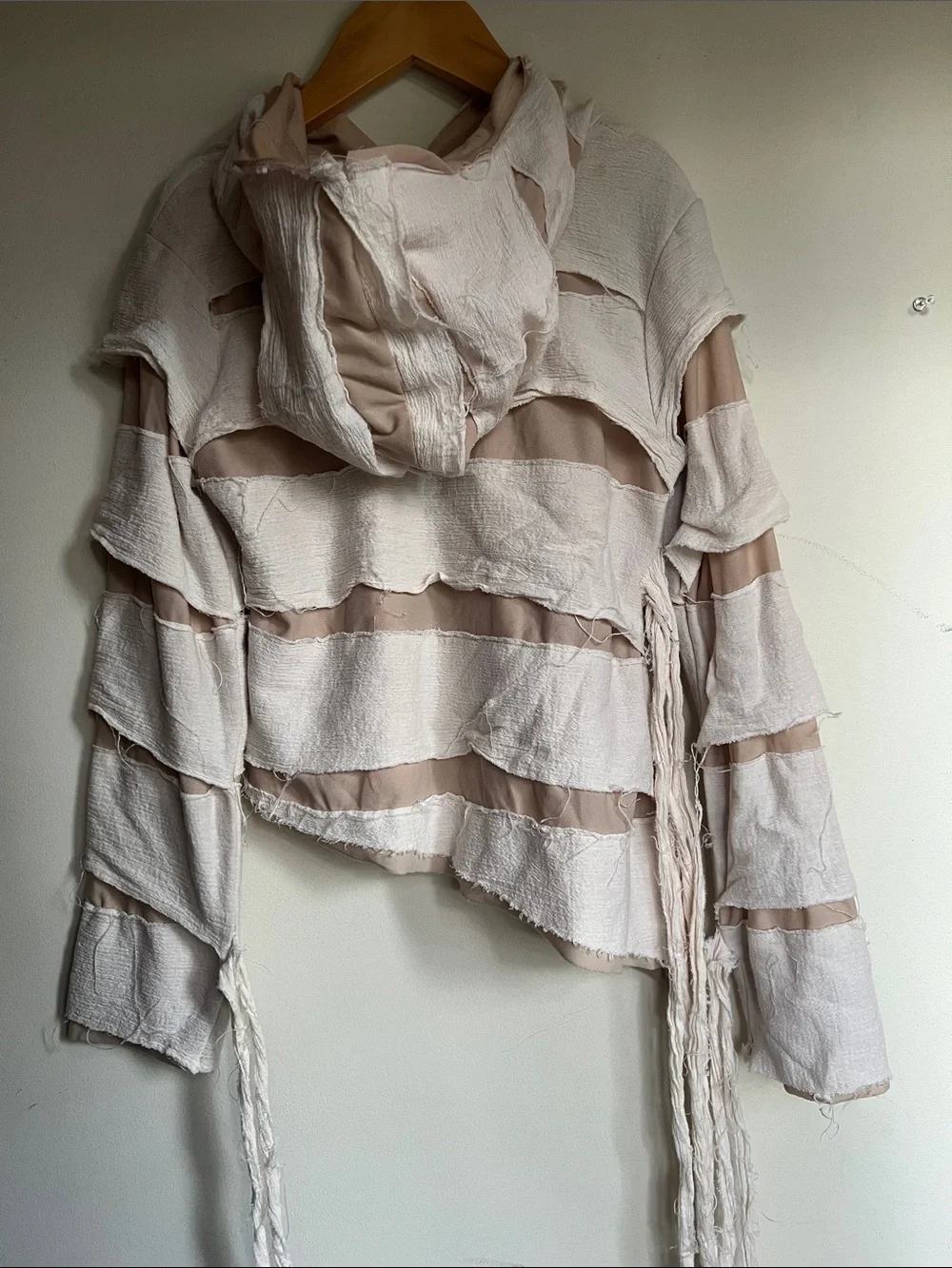Neutral Striped Hooded Kids Halloween Mummy Costume with Frayed Trim